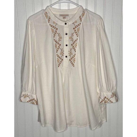 Knox Rose Embroidered Button Front Tunic Cream White Bishop 3/4 Sleeve Top-XXL - Picture 1 of 12